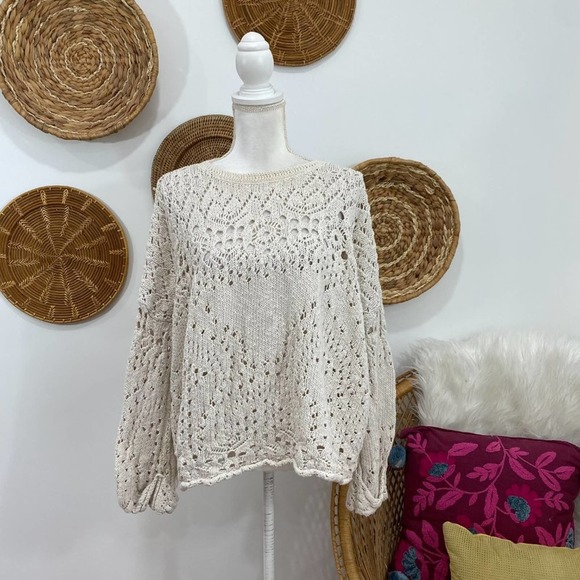 Free People Sweaters - Free People Neutral Off White Oversized Pullover Cut Out Knit Sweater Medium